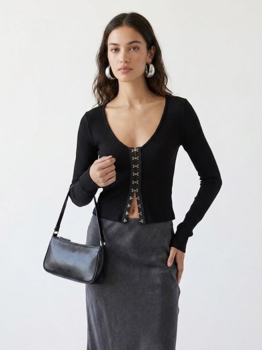 Michael Lauren Soft Black Ribbed Hook & Eye Top | Made in USA | Large